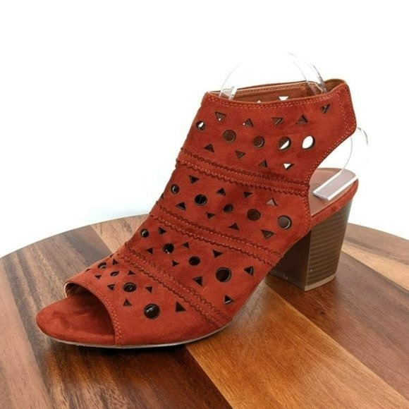 Maurices Jazel Peep Toe Booties 11 M Brick Red Rusty Brown Laser Cut Slingback - Picture 1 of 13